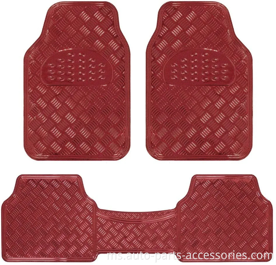 Universal Fit 3-Piece Set Metallic Design Car Lantai Mat-berat semua cuaca dengan sokongan getah (wain merah)